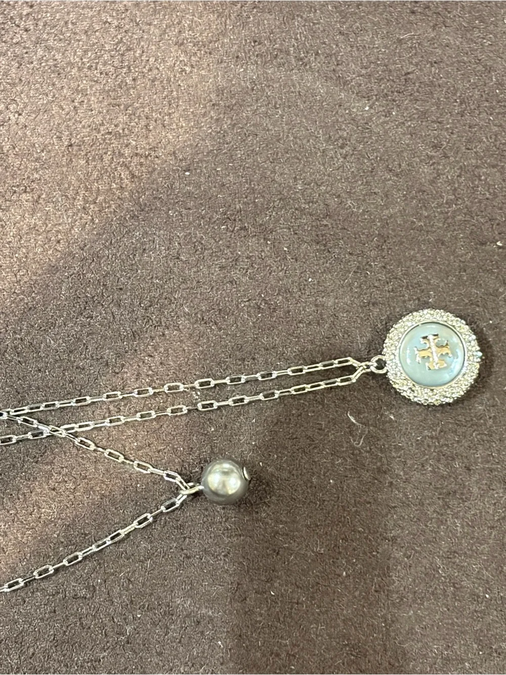 Tory Burch Moondance silver two layer  Crystal Logo pearl small Pendant Necklace